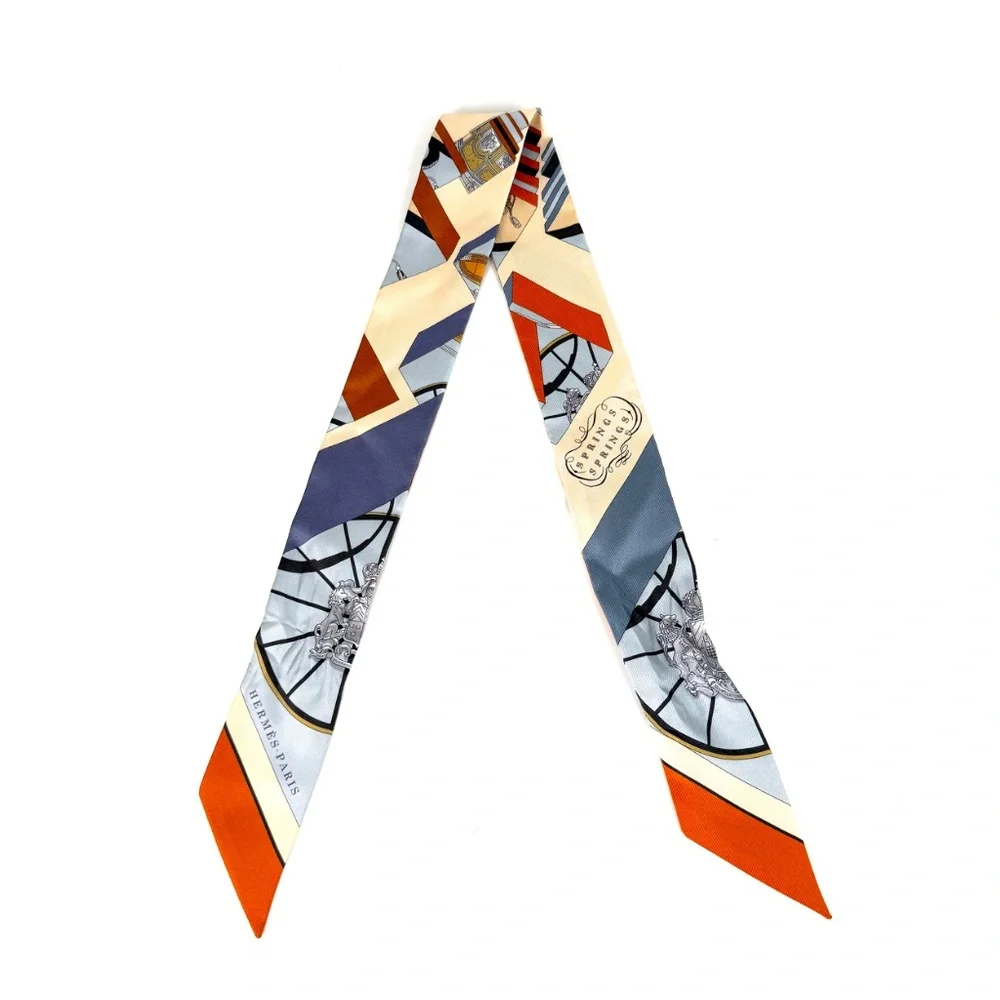 Hermes Springs Springs Blue Orange Print Silk Twilly Scarf - Picture 4 of 11